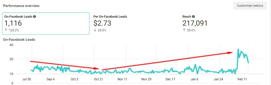 Facebook Ads Manager: підсумок за п'ять місяців — 1 116 лідів по 2,73 долара, охоплення 217 091