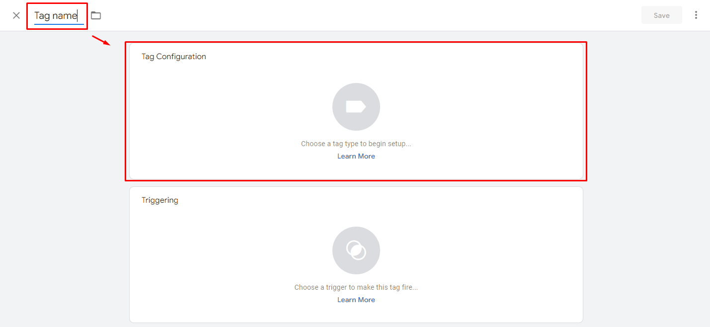 Tag settings in Google Tag Manager. Step 2 - add the name of the tag and proceed to its configuration.