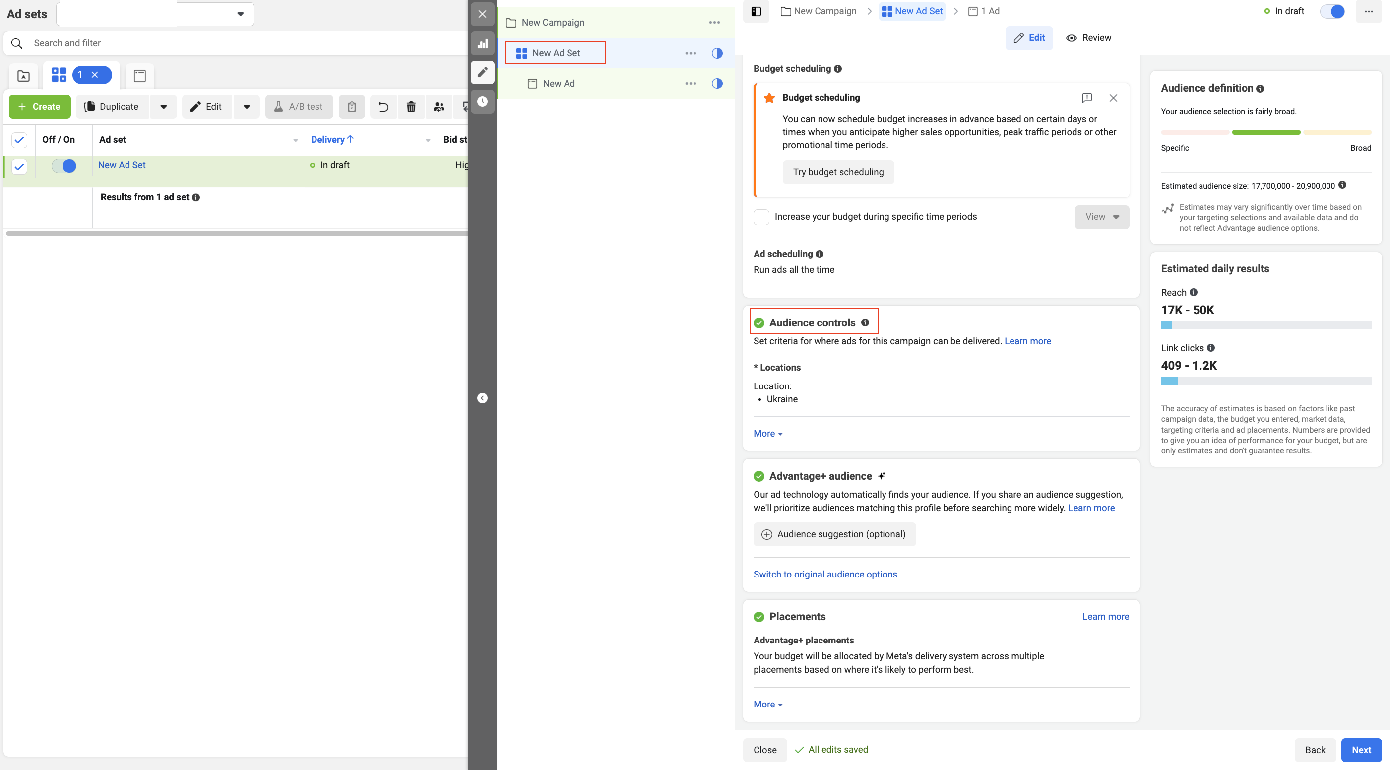 Creating an audience at the stage of ad group settings in Meta Ads