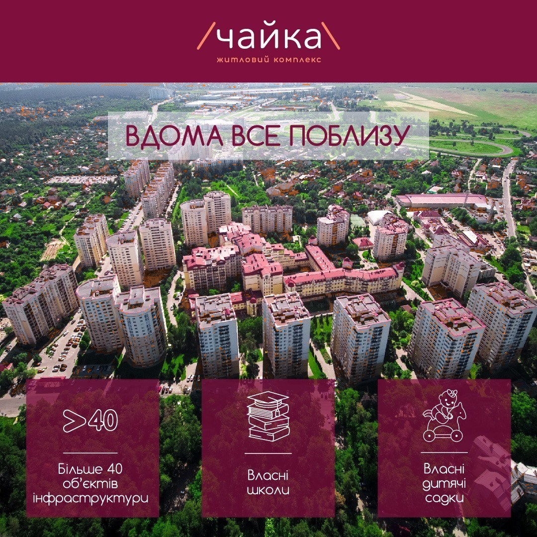 Рекламний банер ЖК Чайка «Вдома все поблизу»: понад 40 об'єктів інфраструктури, власні школи й дитсадки