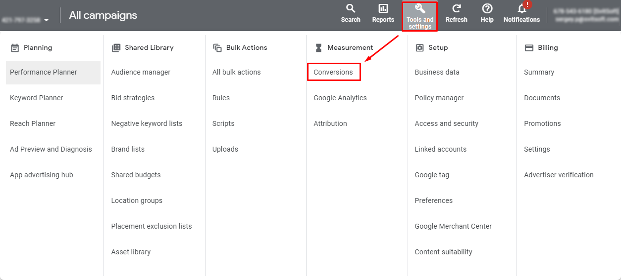 Setting up conversions in Google ads. Step 1 - click in the “Measurement” section, select “Conversions”