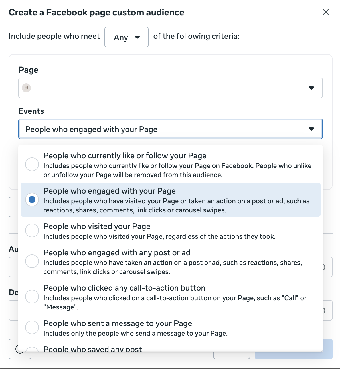 Створення аудиторії зі сторінки Facebook у Meta з переліком подій взаємодії зі сторінкою