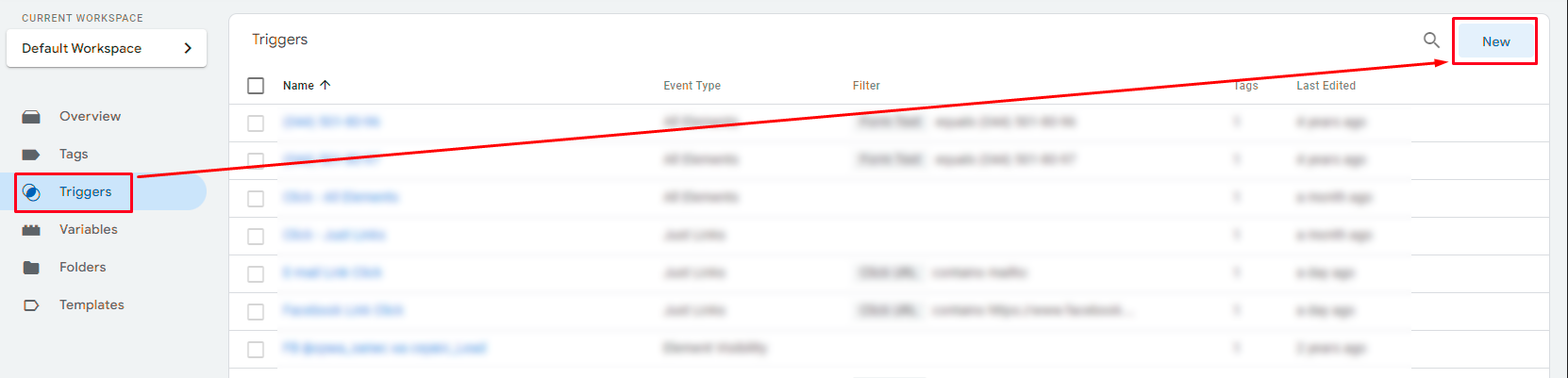 Tag settings in Google Tag Manager. Step 5 - go to the "Triggers" window, click on the "New" button in the open window.