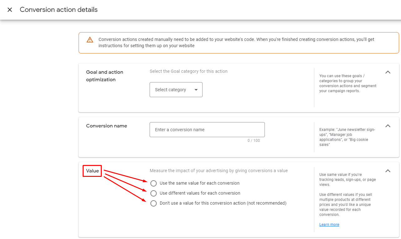 Setting up conversions in Google ads. Step 8 - specify its size in the "Value" field by choosing the principle of tracking the value of this conversion, or do not assign a value by choosing the last item "Don't use a value for this conversion action \(not recommended\)".