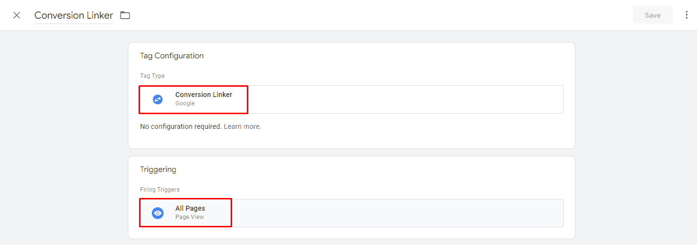 Tag settings in Google Tag Manager. Step 8 - add the conversion linking tag.