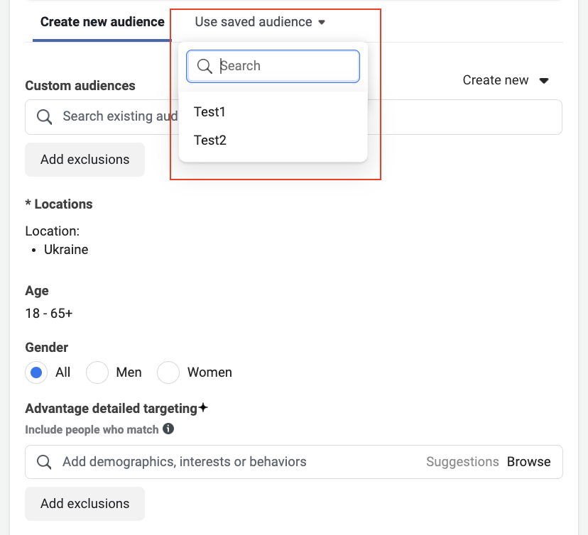 Creating an audience at the stage of ad group settings in Meta Ads