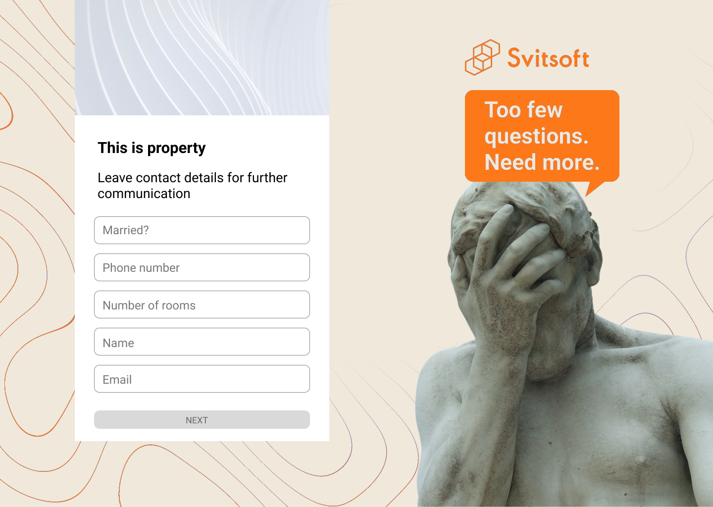 Ілюстрація Svitsoft: перевантажена лід-форма з зайвими полями і статуя, що затуляє обличчя