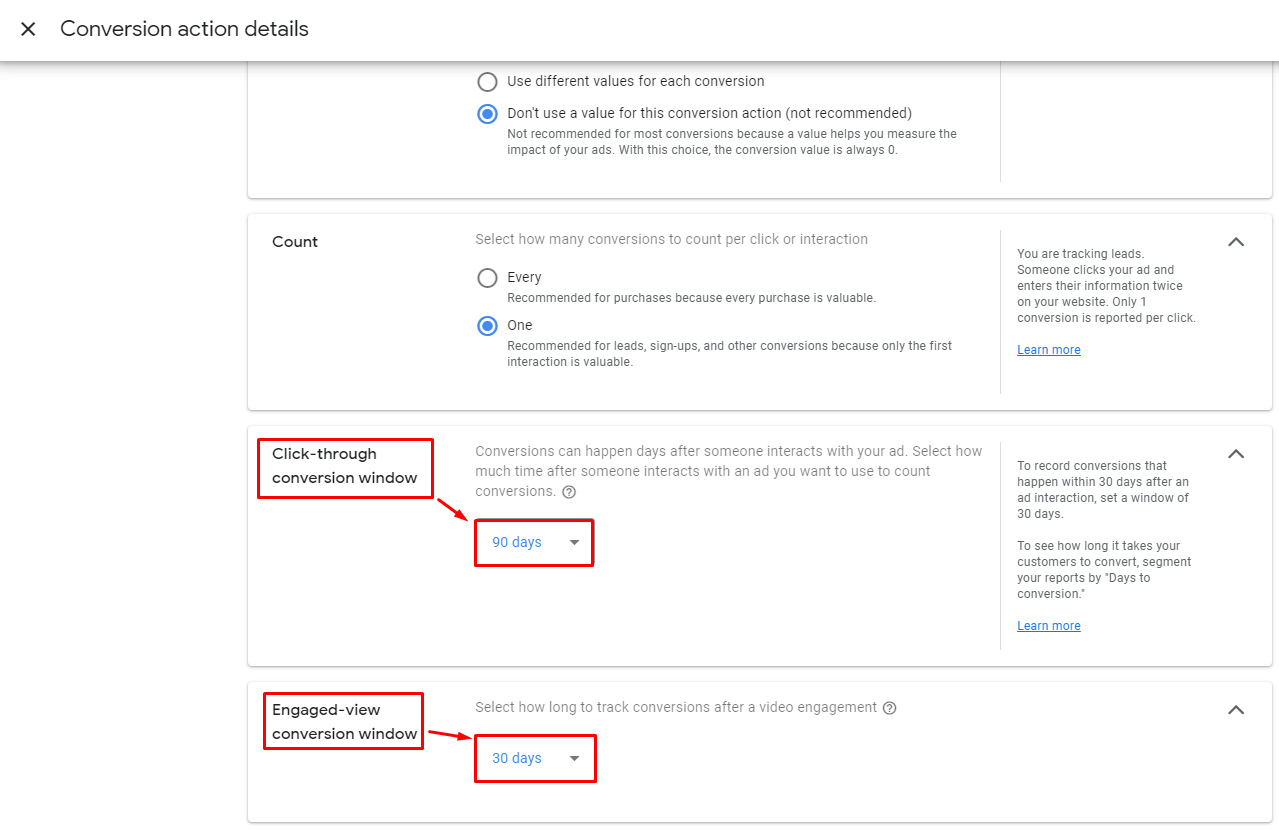 Setting up conversions in Google ads. Step 10 - specify the click-through conversion window and Engaged-view conversion window.