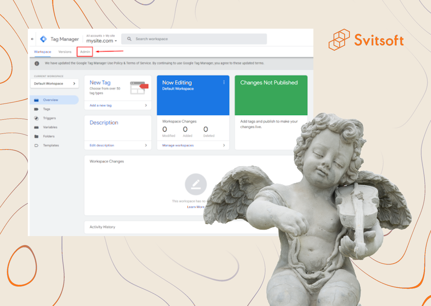 Ілюстрація Svitsoft зі скриншотом робочої області Google Tag Manager