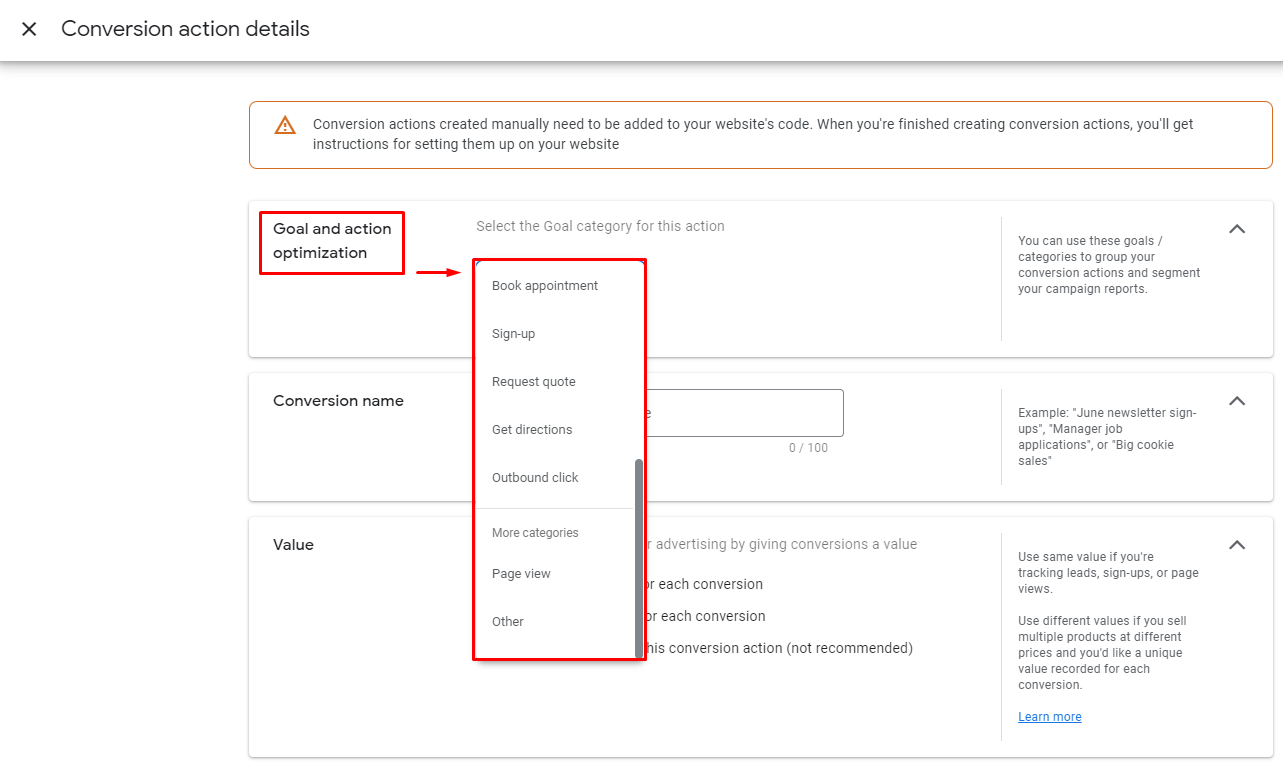 Setting up conversions in Google ads. Step 6 - click the “+ Add a conversion action manually” button