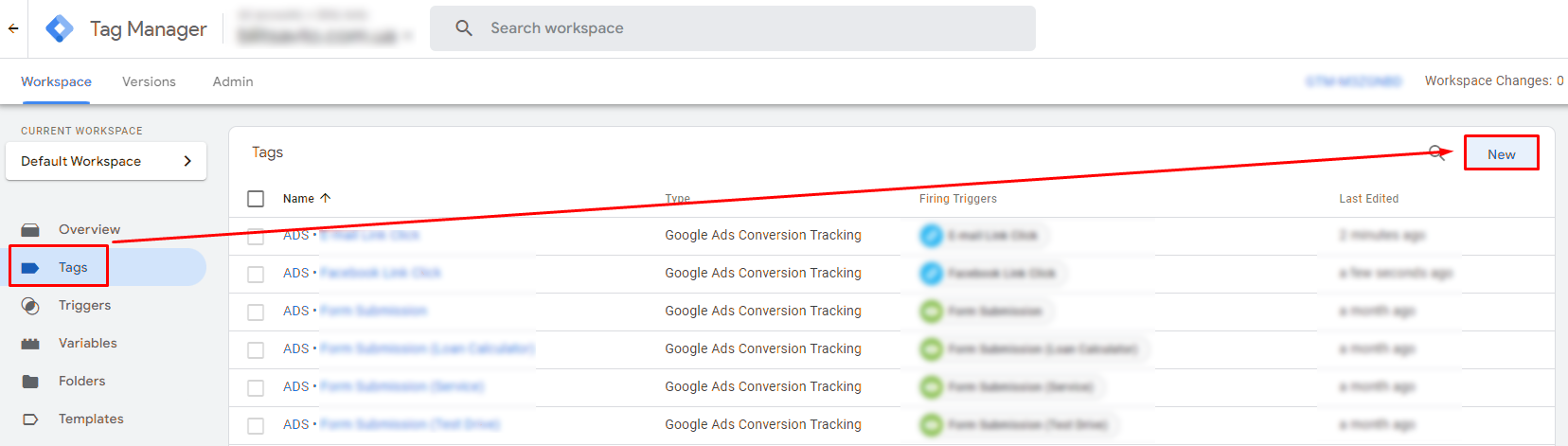 Tag settings in Google Tag Manager. Step 1 - select "Tags" in the workspace, then click "New"