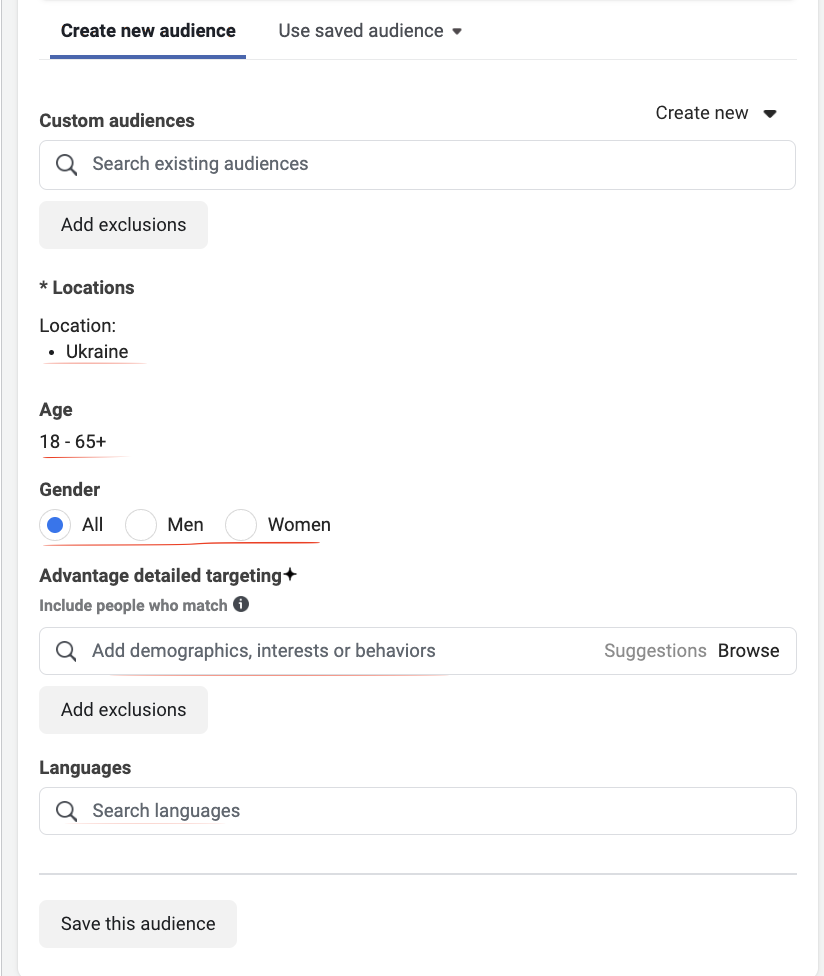 Creating an audience at the stage of ad group settings in Meta Ads