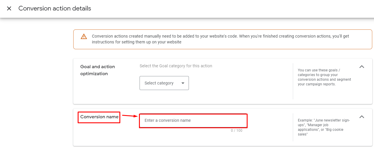 Setting up conversions in Google ads. Step 7 - in the "Goal and action optimization" field, select the appropriate description of the action - conversion, if you do not find the appropriate one, select "Other".