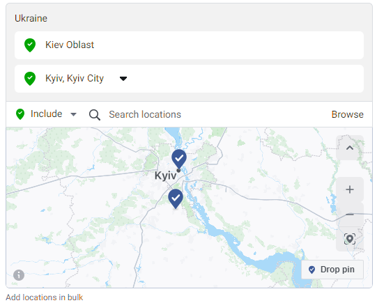 Налаштування геотаргетингу в Meta: Київ і Київська область на карті