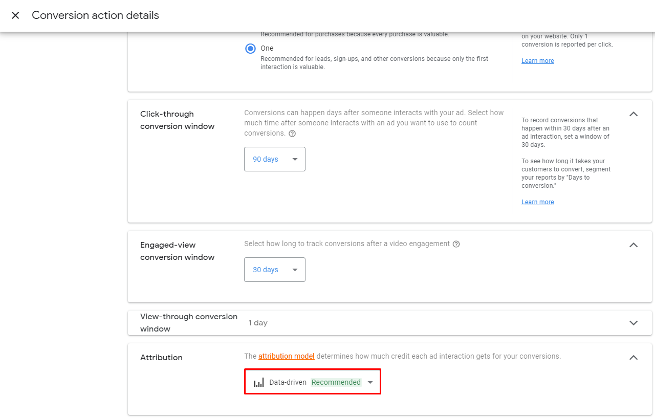 Setting up conversions in Google ads. Step 11 - choose the “Data-driven” attribution model