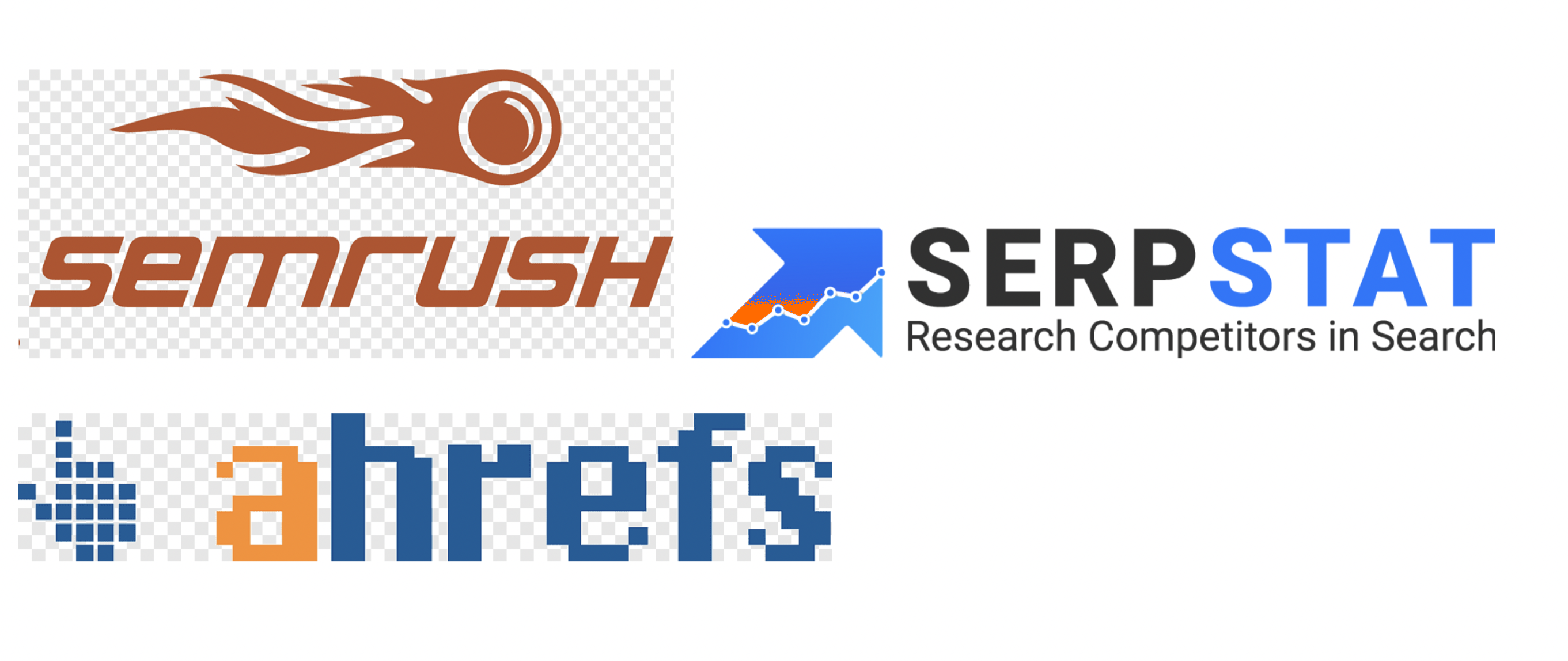 Логотипи сервісів аналізу посилальної маси: SemRush, Serpstat і Ahrefs