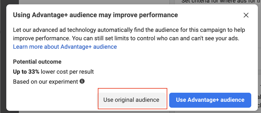 Creating an audience at the stage of ad group settings in Meta Ads
