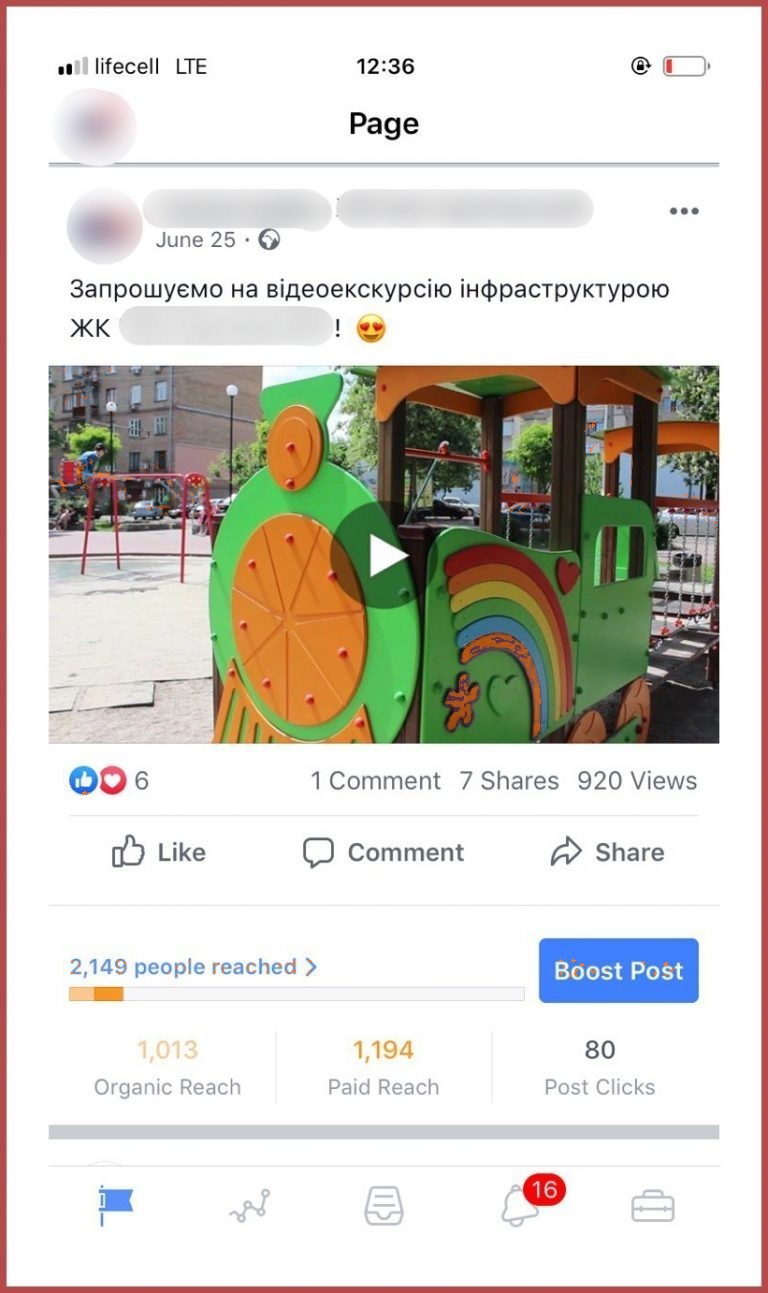 Допис ЖК у Facebook із відеоекскурсією дитячим майданчиком: 2 149 охоплення, з них 1 013 органічного