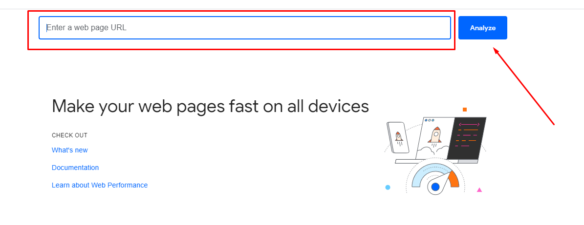 Стартова сторінка Google PageSpeed Insights із полем для введення адреси сторінки