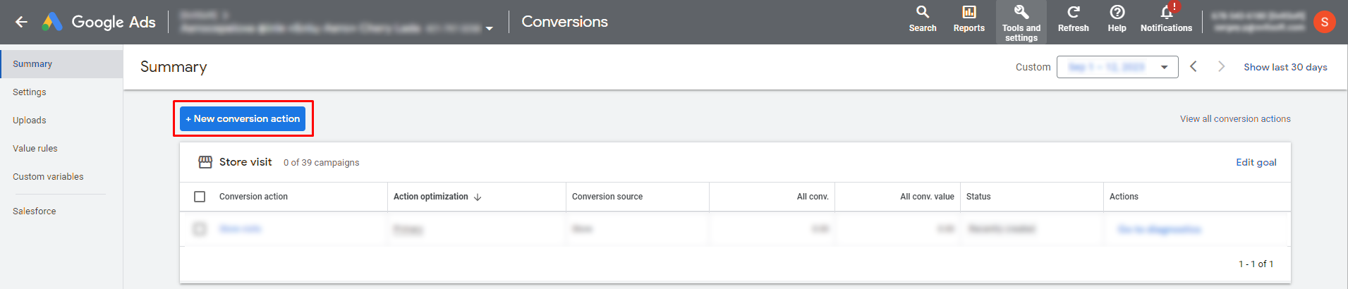 Setting up conversions in Google ads. Step 2 - click the “+ New conversion action” button