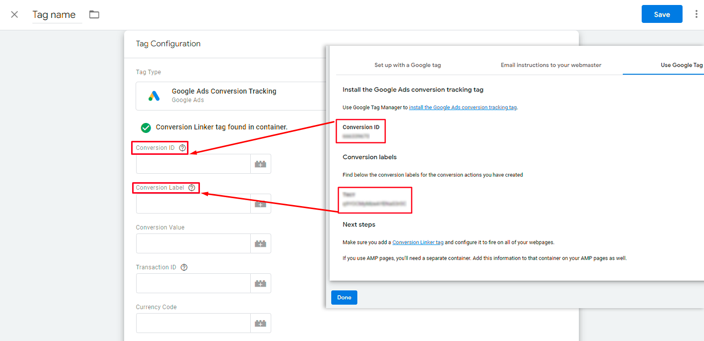 Tag settings in Google Tag Manager. Step 4 - add data from Google Ads to "Conversion ID" and "Conversion label".