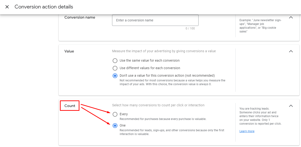 Setting up conversions in Google ads. Step 9 - in the "Count" field, select the appropriate conversion counting mode for you.