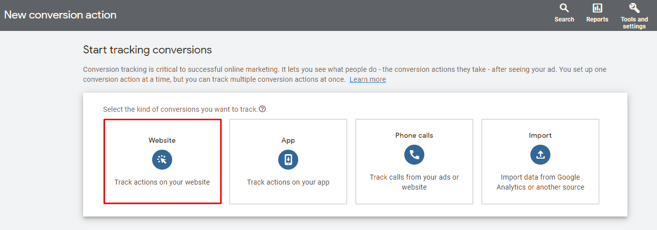 Setting up conversions in Google ads. Step 3 - select "website"