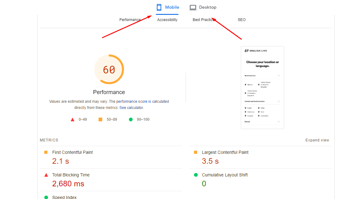 Звіт PageSpeed Insights для мобільних: оцінка продуктивності 60 і метрики FCP, LCP, TBT та CLS